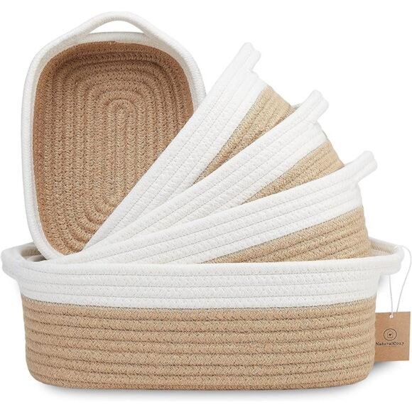 5-Piece Rectangle Storage Natural Cotton Rope Woven Basket Set